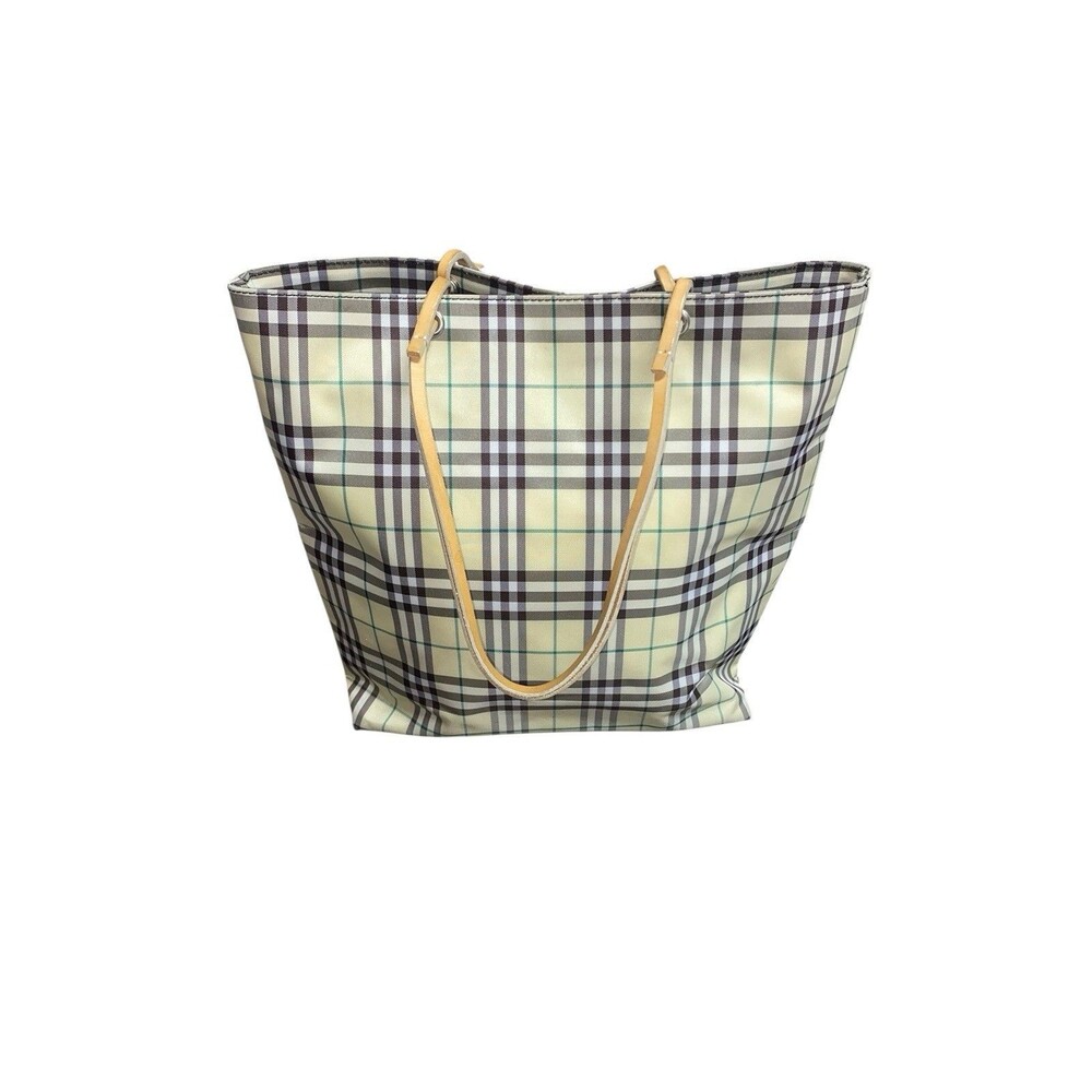 Vintage Burberry London Tote Bag Nylon Leather Cream Yellow Brown Plaid